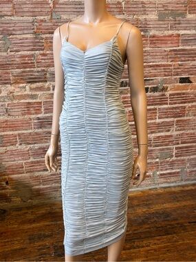 Ruched Silver Maxi Slip Dress with Spaghetti Straps